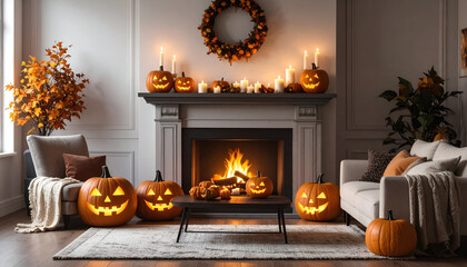 Obraz premium A decorated fireplace with carved pumpkins and autumn foliage inside a living room.