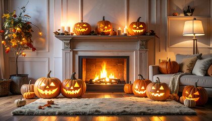 Obraz premium Lit jack-o'-lanterns decorate a fireplace mantel and hearth inside a cozy room.