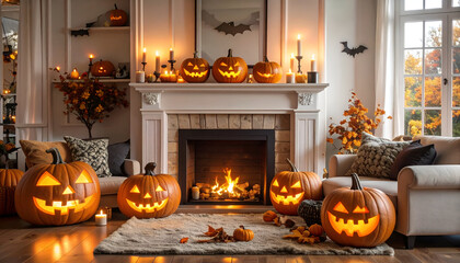 Obraz premium Lit jack-o'-lanterns and candles decorate a fireplace mantel and hearth for halloween.