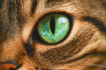 Close-up of a cat's green eye with financial graph