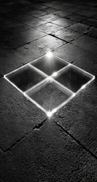 A light-filled square, seemingly suspended above a dark stone floor