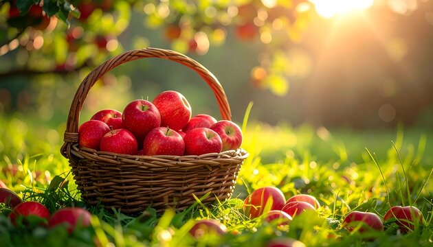 Basket of red apples in a garden