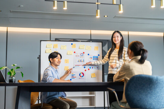 Asian businesswoman startup presenting data chart project management meeting with colleagues, financial report analysis teamwork strategy plan corporate success at office, marketing, data analytics