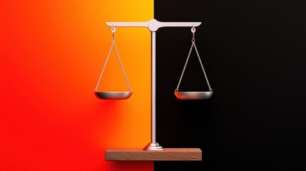 A metallic balance scale is centered between contrasting orange and black backgrounds, symbolizing justice and equilibrium.