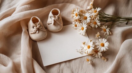 Gentle Newborn Invitation: A delicate baby shoes, an arrangement of dried flowers, and a blank card for personalized sentiments, all set against a backdrop of soft fabric. Genetative Ai