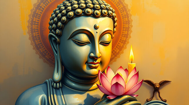 oil painting of buddha statue with lotus flower and candle ornament , - Powered by Adobe