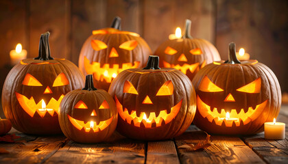 Carved jack-o'-lanterns with lit candles on a wooden surface for halloween.