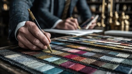 Man in suit examines fabric swatches with a brush in a tailor shop during the day, focusing on texture and color for custom clothing design