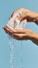 Purification: Hands cradling a cloth, as crystalline water cascades over it, this photorealistic image symbolizes the purifying power of water and the soothing comfort of cleansing.  Genetative Ai