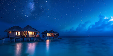 Serene overwater bungalows glow under a starry night sky on a tranquil ocean