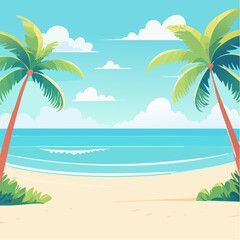 Fototapeta premium A serene and picturesque summer vacation background featuring a sunny tropical beach, gentle ocean waves, and lush palm trees