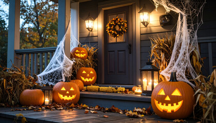Halloween decorations on a porch including carved pumpkins and cobwebs at night.