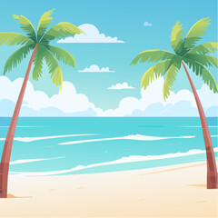 Fototapeta premium Idyllic tropical paradise landscape featuring a sandy shore, calm sea, and coconut palms in a flat vector style