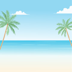 Obraz premium Serene tropical beach scene with two palm trees framing a calm blue ocean and clear sky. A beautiful summer vacation paradise background