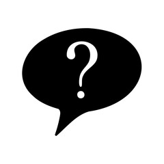 Black speech bubble with a white question mark on a white background