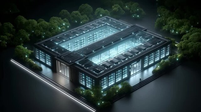 Futuristic Data Center Building Night View