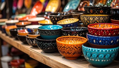 Colorful bowls arranged on shelves