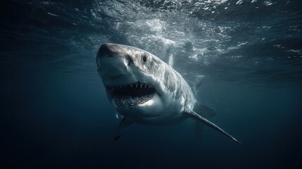 Fototapeta premium Majestic Great White Shark Swimming Gracefully Through the Ocean Depths Captured in Stunning Detail and Clarity