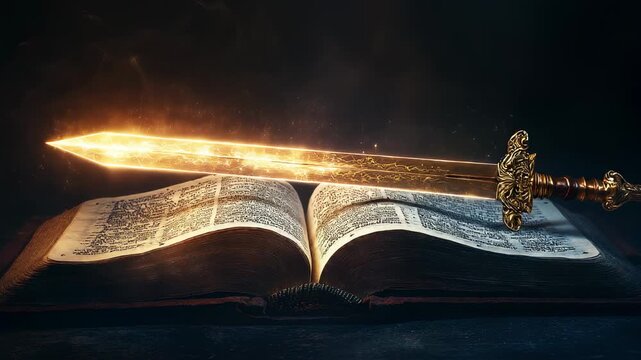 Golden Sword of Power and Knowledge on Ancient Book, a Symbol of Wisdom and Strength