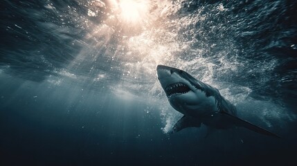 Naklejka premium Majestic Great White Shark Swimming Underwater in Clear Blue Ocean Light Rays