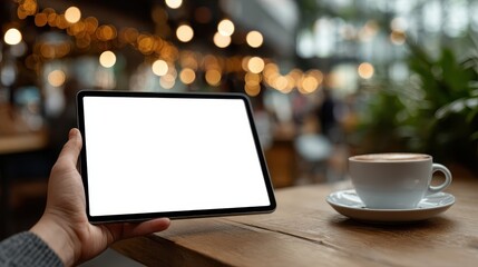 Person holds tablet with a blank screen in cafe next to coffee cup on wooden table, illuminated by bokeh lights, offering opportunities for design placement