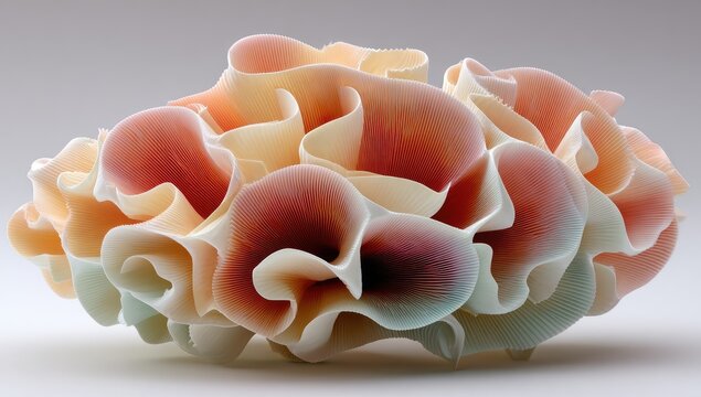 Abstract sculpted form, a cluster of draped, layered, organic shapes in soft, pastel hues of peach, apricot, cream, and rose