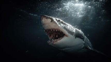 Fototapeta premium Majestic Great White Shark Approaching with Wide Open Jaws Underwater in Dark Ocean Environment