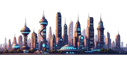 Fototapeta premium Futuristic City Skyline with Modern Urban Skyscrapers and Sci-Fi Architecture, Isolated on White Background