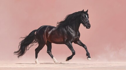 Fototapeta premium Majestic Black Horse Galloping Gracefully Against a Soft Pink Background with Dust and Motion Effects