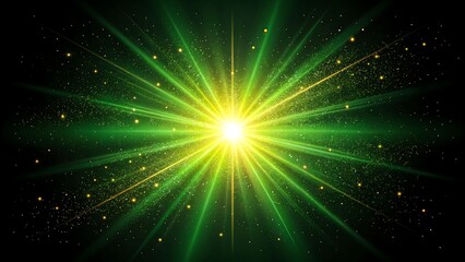 Abstract green light burst with glowing star rays on dark background 
