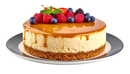 Caramel Cheesecake with Topping Fresh Berries on Plate, Isolated on Transparent Background