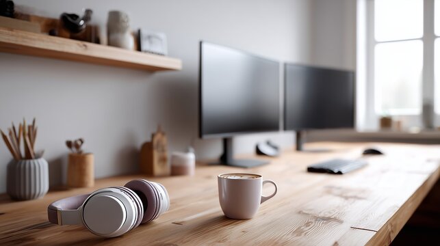 Modern workspace featuring dual monitors, headphones, and a coffee cup on a wooden desk, ideal for productivity. - Powered by Adobe