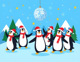 Cute penguins dancing in a snowy landscape