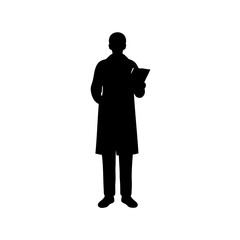 Silhouette of a person reading a book while wearing a lab coat
