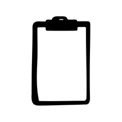 A hand drawn black outline of a clipboard with a blank page