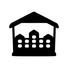 Stylized silhouette of a building with a protective roof overhead design