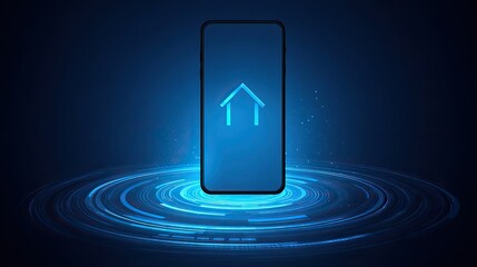 Abstract smartphone design with glowing blue circular pattern and home icon on dark background for technology and communication themes