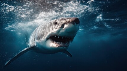 Majestic Great White Shark Swimming Underwater with Open Mouth and Sharp Teeth Displayed in Clear Ocean Water