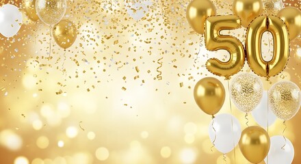 Golden 50th birthday celebration with balloons and confetti
