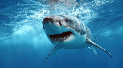Fototapeta premium Majestic Great White Shark Swimming in Clear Blue Ocean Waters Captured in Underwater Photography