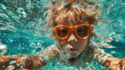 Fototapeta premium Little Boy with Goggles Swims Underwater in Sparkling Turquoise Water Bubbles Looking Curious with a Slight Smile on his Face Swimming in Summer