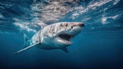 Fototapeta premium Majestic Great White Shark Swimming in Crystal Clear Ocean Waters with Open Mouth and Prominent Teeth