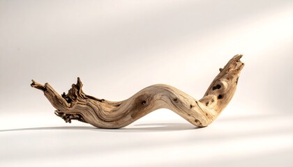 Weathered driftwood branch on a white surface with shadows.