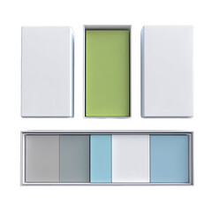 Three rectangular panels, top, a light-colored, lime green rectangle. Bottom, a row of three, light gray, light blue rectangles