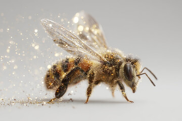 Floating Honeybee with Neon Glowing Wings Surrounded by Subtle Light on Transparent Background