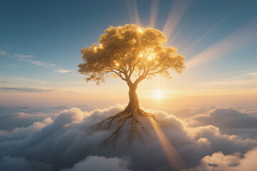 Dreamlike Fantasy Tree with Exposed Roots in Ethereal Light
