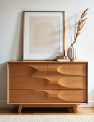 Blank vertical wooden picture frame mockup on a rustic cabinet for home decor display.