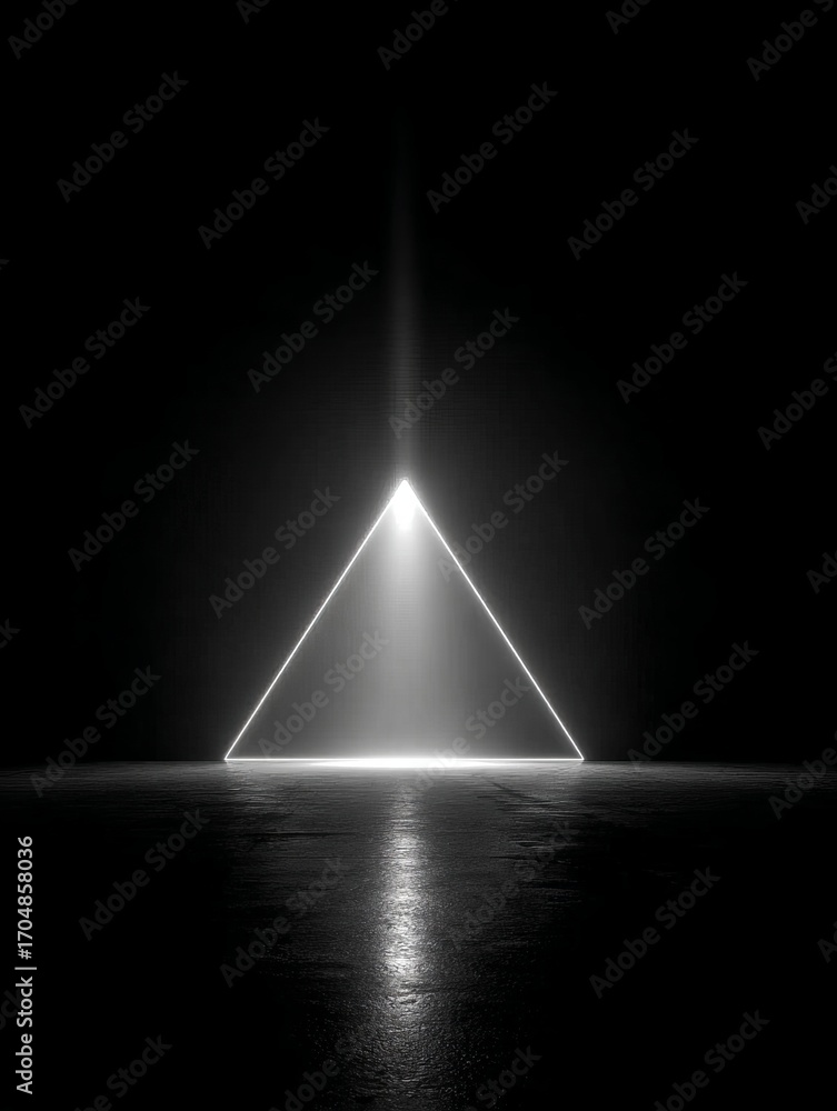 Poster white triangle shining bright in dark space with zoom style light streaks radiating outward, futuris