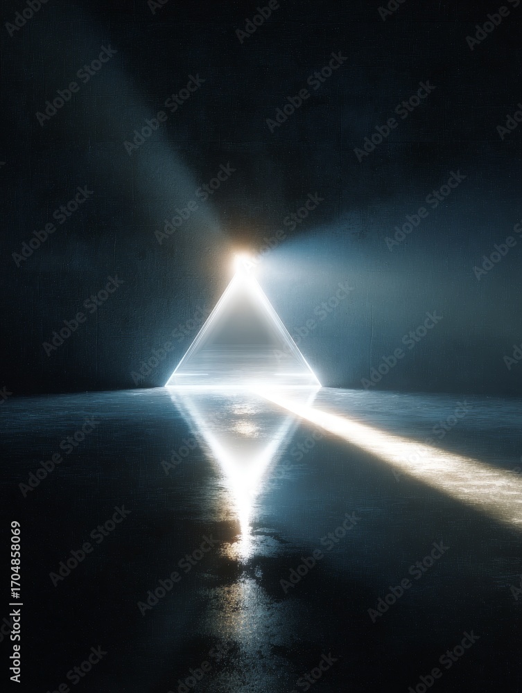 Poster white triangle shining bright in dark space with zoom style light streaks radiating outward, futuris