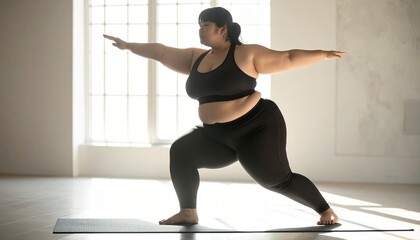 Obraz premium Japanese plus-size woman in tight sportswear doing yoga pose on a mat, soft natural l